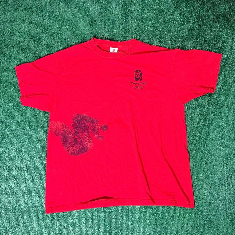 Y2K Style Beijing 2008 Olympics Red Dragon Graphic T-Shirt XL